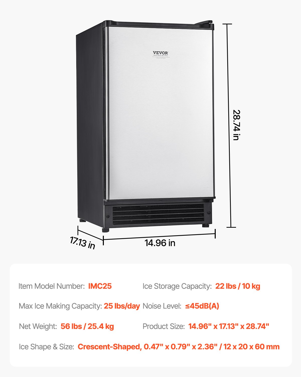 Máquina de hielo empotrada bajo encimera VEVOR, capacidad de 11 kg/día, con puerta reversible, de acero inoxidable, para cocinas comerciales y domésticas, sin drenaje.