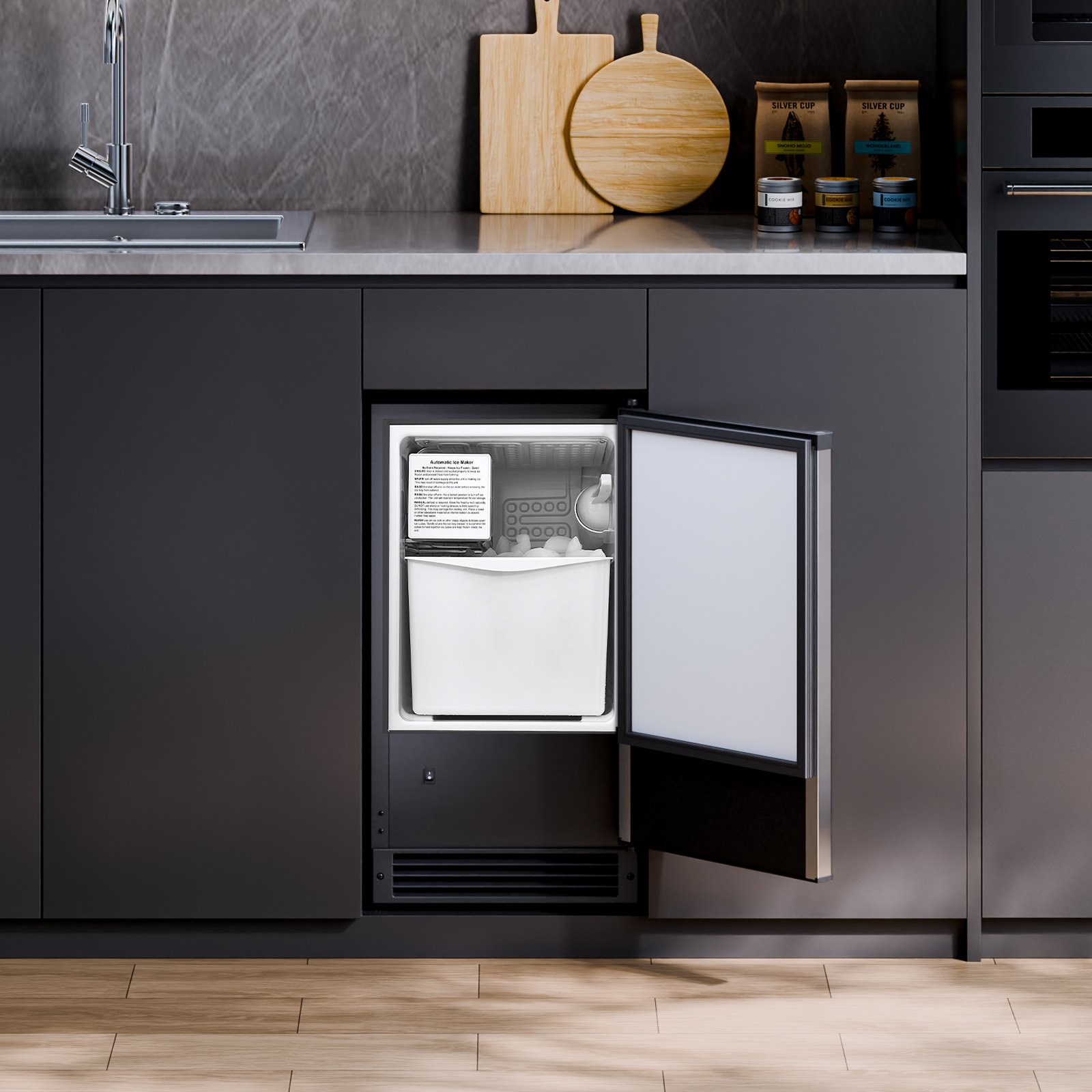Máquina de hielo empotrada bajo encimera VEVOR, capacidad de 11 kg/día, con puerta reversible, de acero inoxidable, para cocinas comerciales y domésticas, sin drenaje.