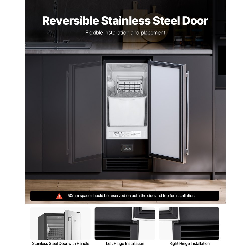 VEVOR Máquina de hielo empotrada bajo encimera, 22,7 kg/día, con bomba de drenaje, puerta reversible, acero inoxidable, máquina de hielo independiente para cocinas comerciales y domésticas.