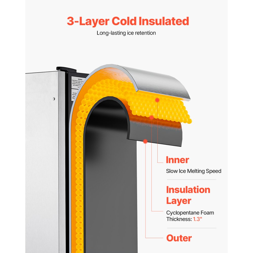 VEVOR Máquina de hielo empotrada bajo encimera, 22,7 kg/día, con bomba de drenaje, puerta reversible, acero inoxidable, máquina de hielo independiente para cocinas comerciales y domésticas.