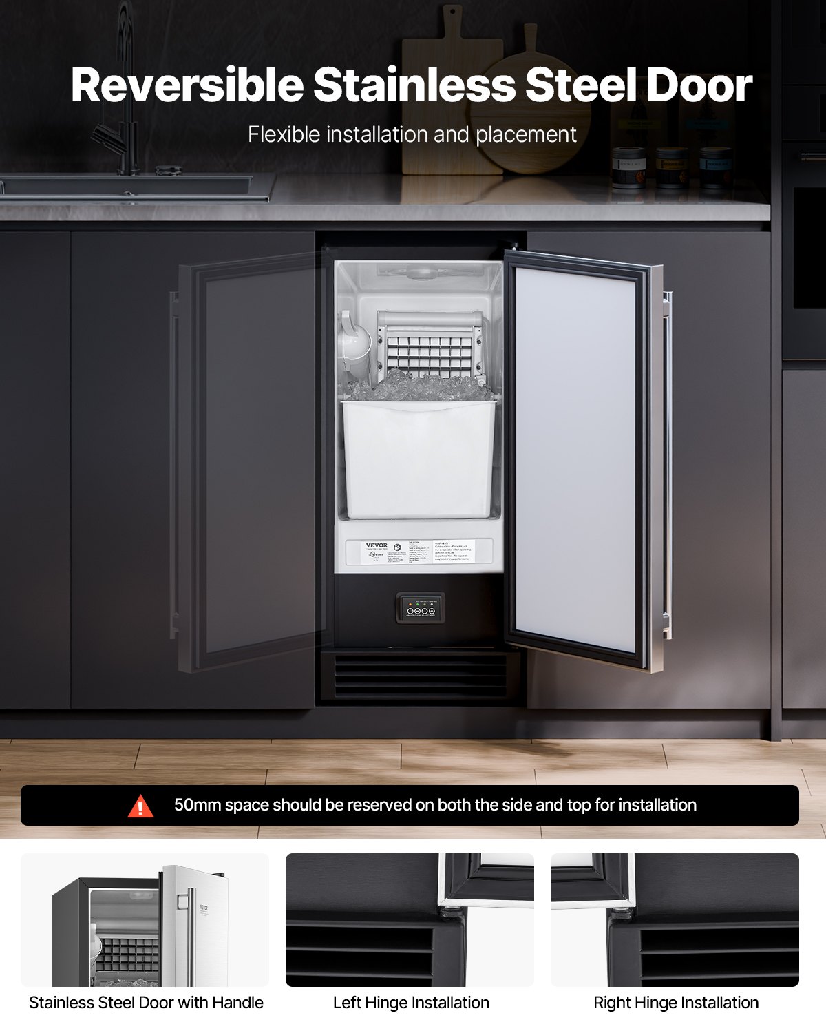 VEVOR Máquina de hielo empotrada bajo encimera, 22,7 kg/día, con bomba de drenaje, puerta reversible, acero inoxidable, máquina de hielo independiente para cocinas comerciales y domésticas.