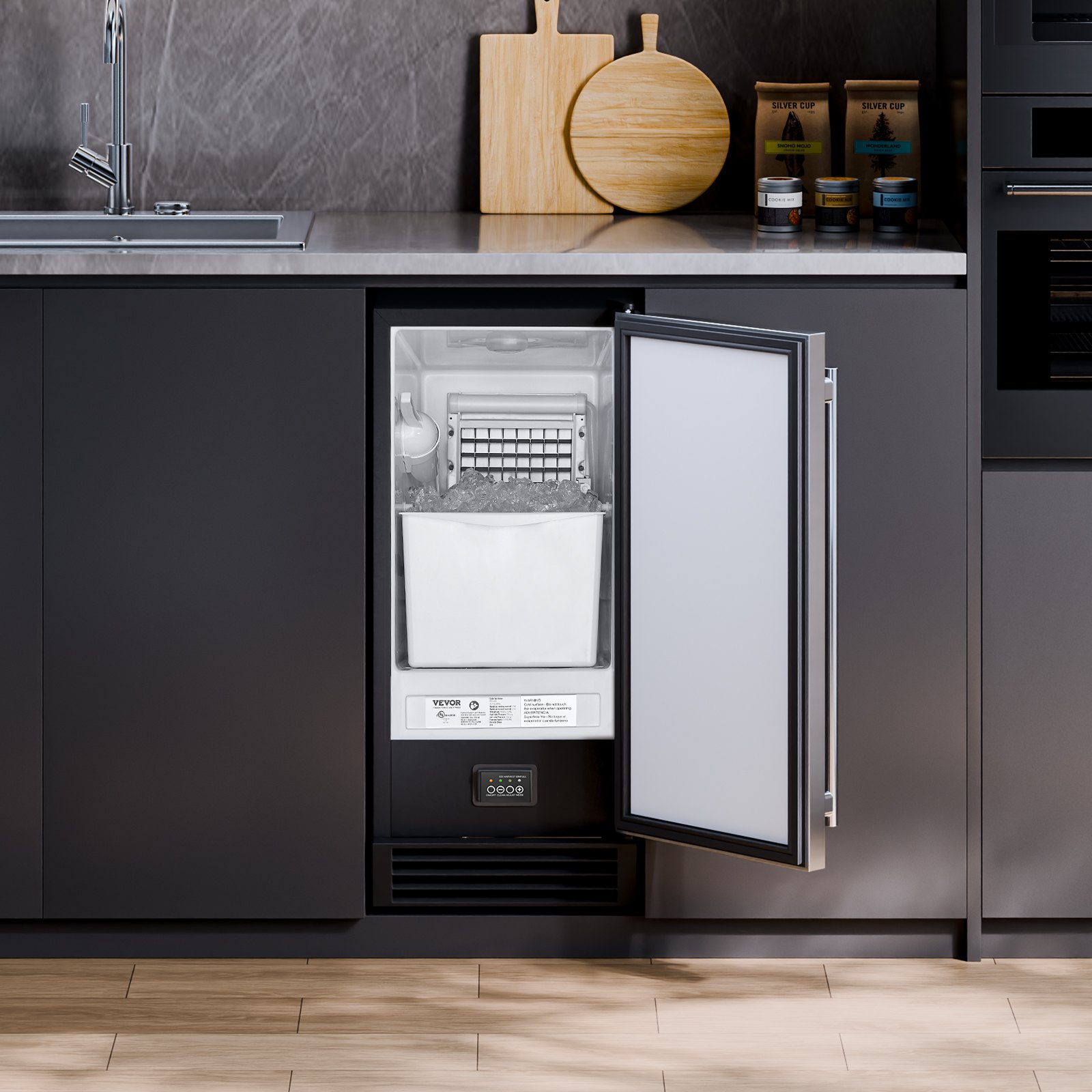 VEVOR Máquina de hielo empotrada bajo encimera, 22,7 kg/día, con bomba de drenaje, puerta reversible, acero inoxidable, máquina de hielo independiente para cocinas comerciales y domésticas.