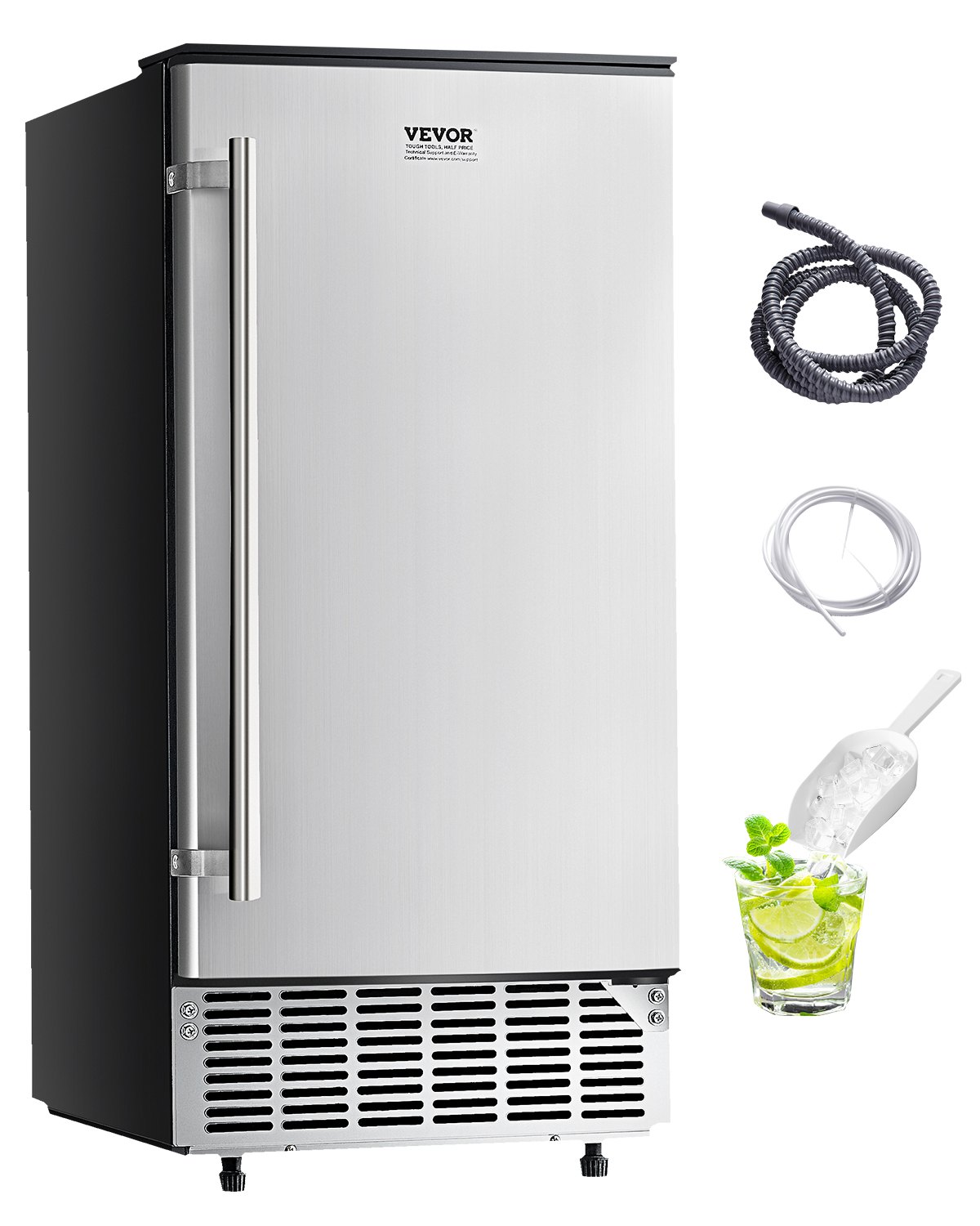 Máquina de hielo empotrada bajo encimera VEVOR, capacidad de 80 lb/día, con puerta reversible de acero inoxidable, máquina de hielo independiente para cocinas comerciales y domésticas, drenaje eléctrico