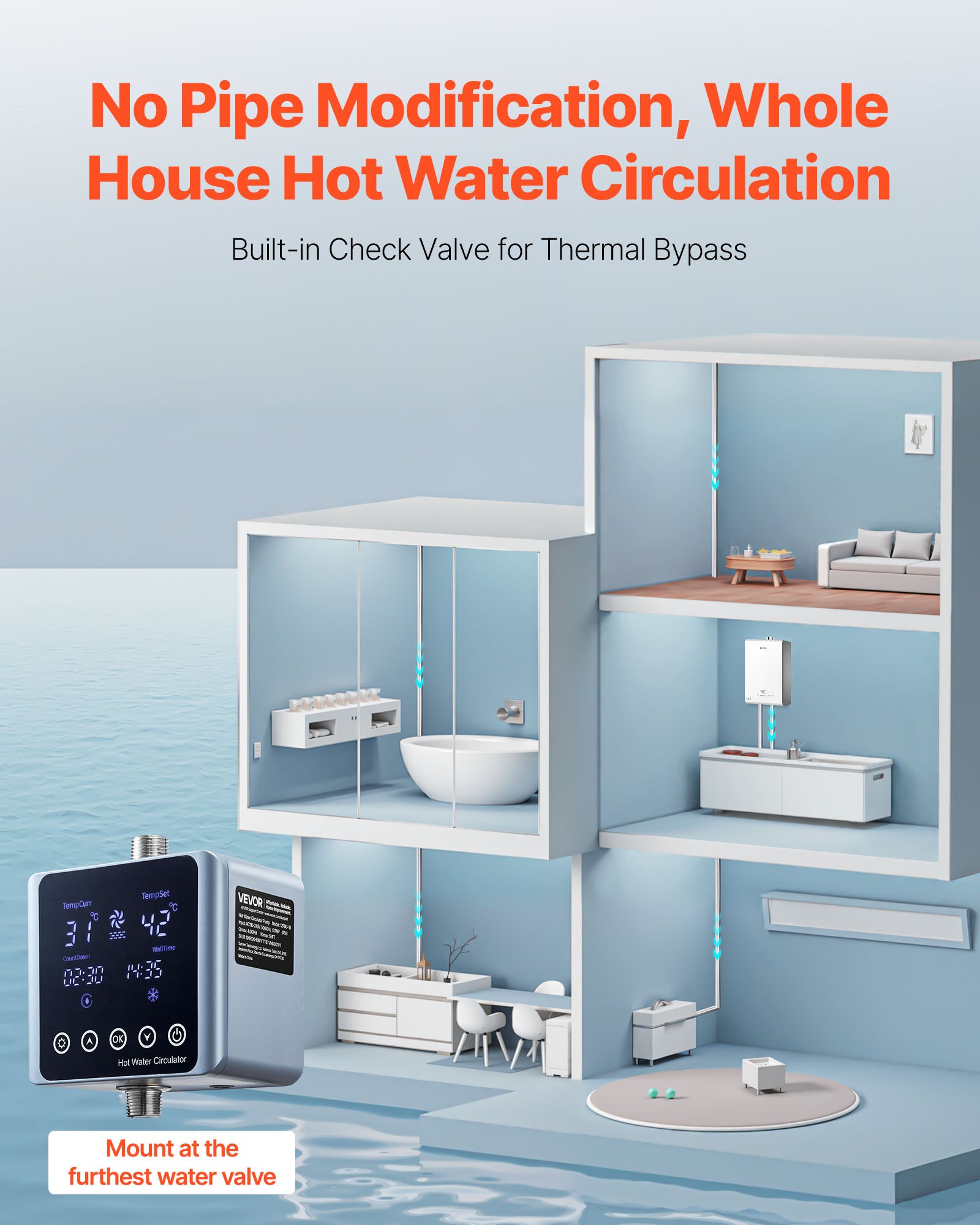 Kit de bomba de recirculación de agua caliente instantánea inteligente digital VEVOR con termostato integrado, temporizador y pantalla digital. Sistema de bomba de recirculación bajo fregadero para calentadores de agua domésticos.