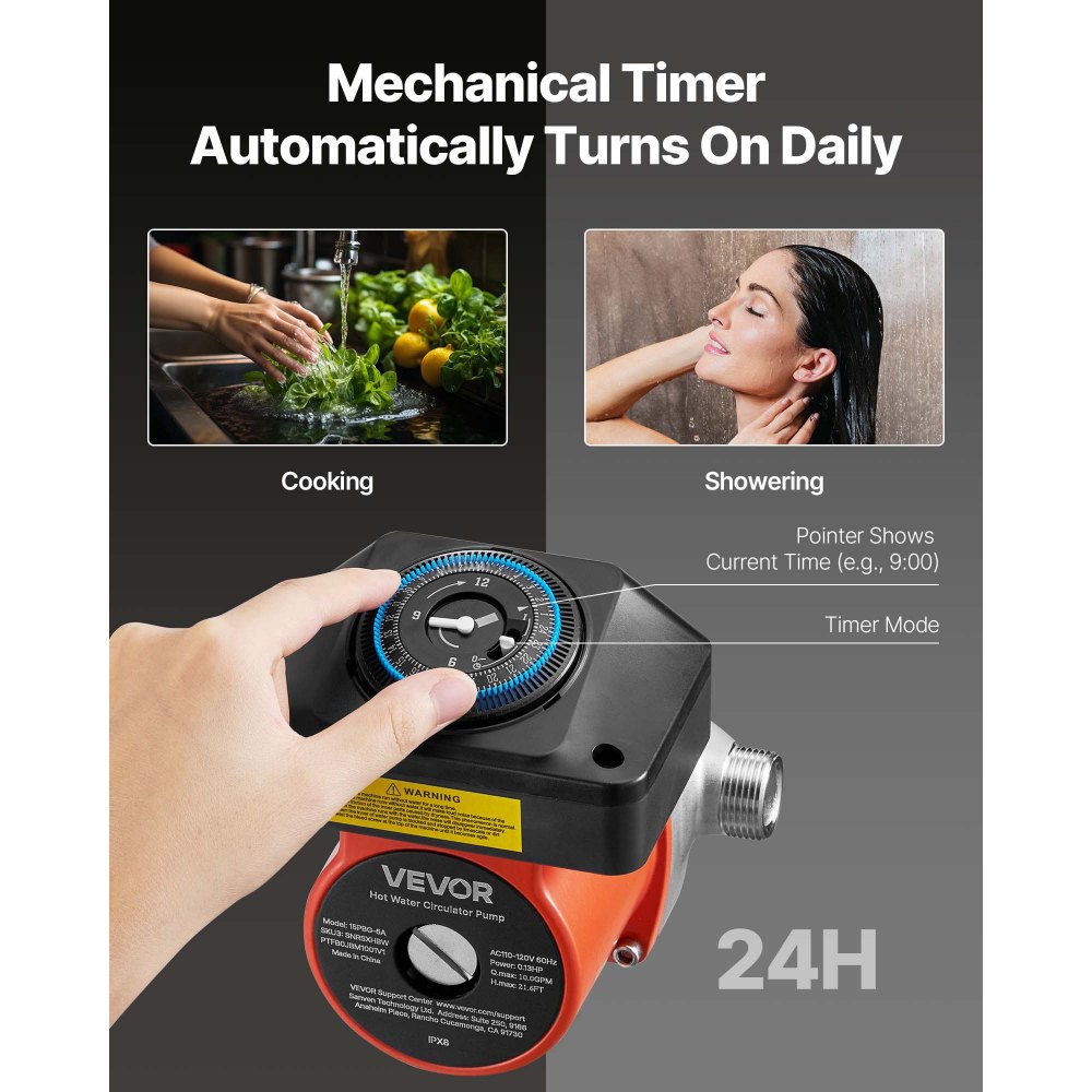 Bomba de recirculación de agua caliente VEVOR con válvula de derivación, kit de bomba de recirculación instantánea con temporizador, adaptador, sistema de circulación, cabezal de acero inoxidable, 0,13 HP, 110-120 V, para calentadores de agua de tanque.