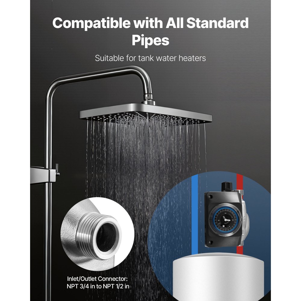 Bomba de recirculación de agua caliente VEVOR con válvula de derivación, kit de bomba de recirculación instantánea con temporizador, adaptador, sistema de circulación, cabezal de acero inoxidable, 0,13 HP, 110-120 V, para calentadores de agua de tanque.