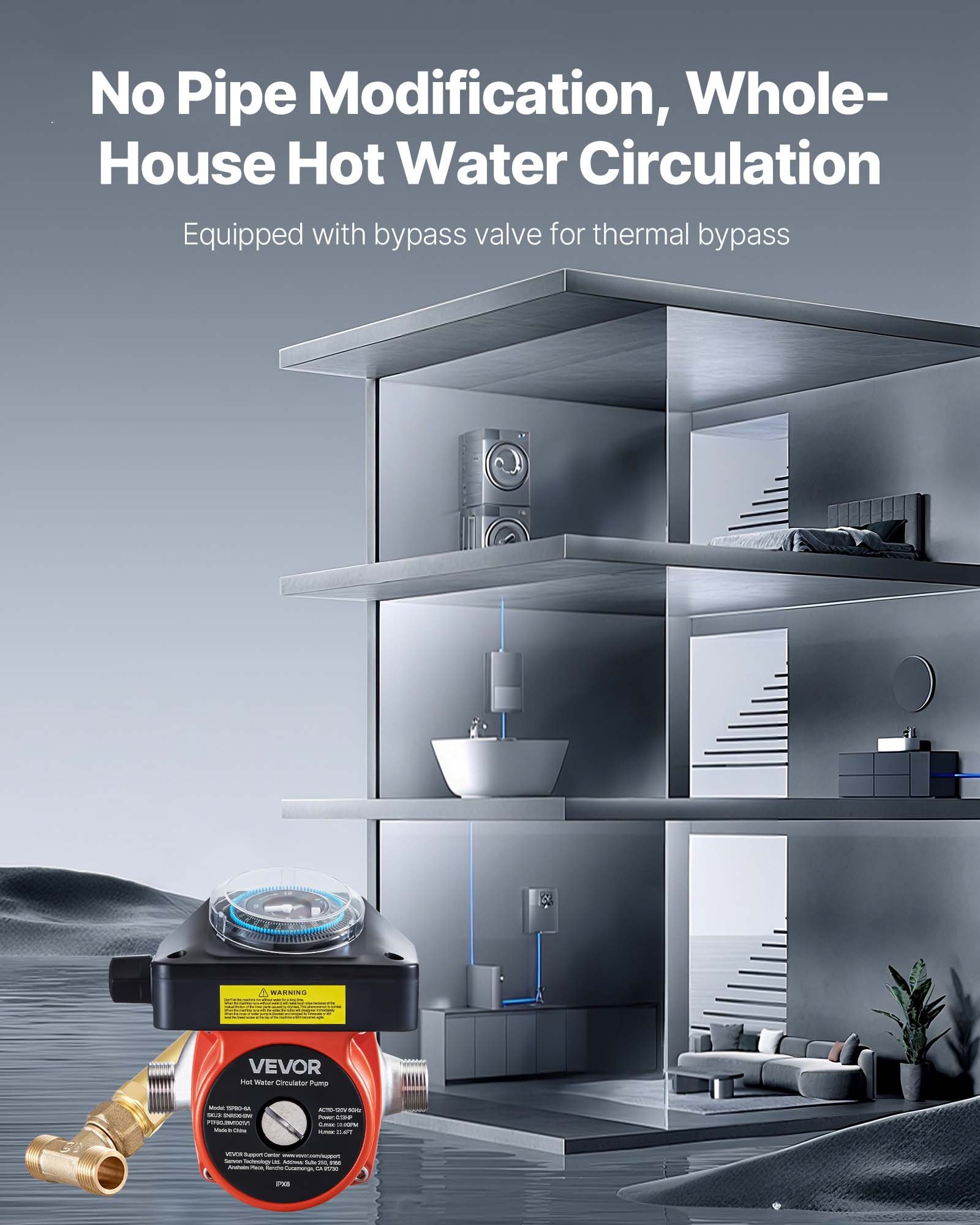 Bomba de recirculación de agua caliente VEVOR con válvula de derivación, kit de bomba de recirculación instantánea con temporizador, adaptador, sistema de circulación, cabezal de acero inoxidable, 0,13 HP, 110-120 V, para calentadores de agua de tanque.