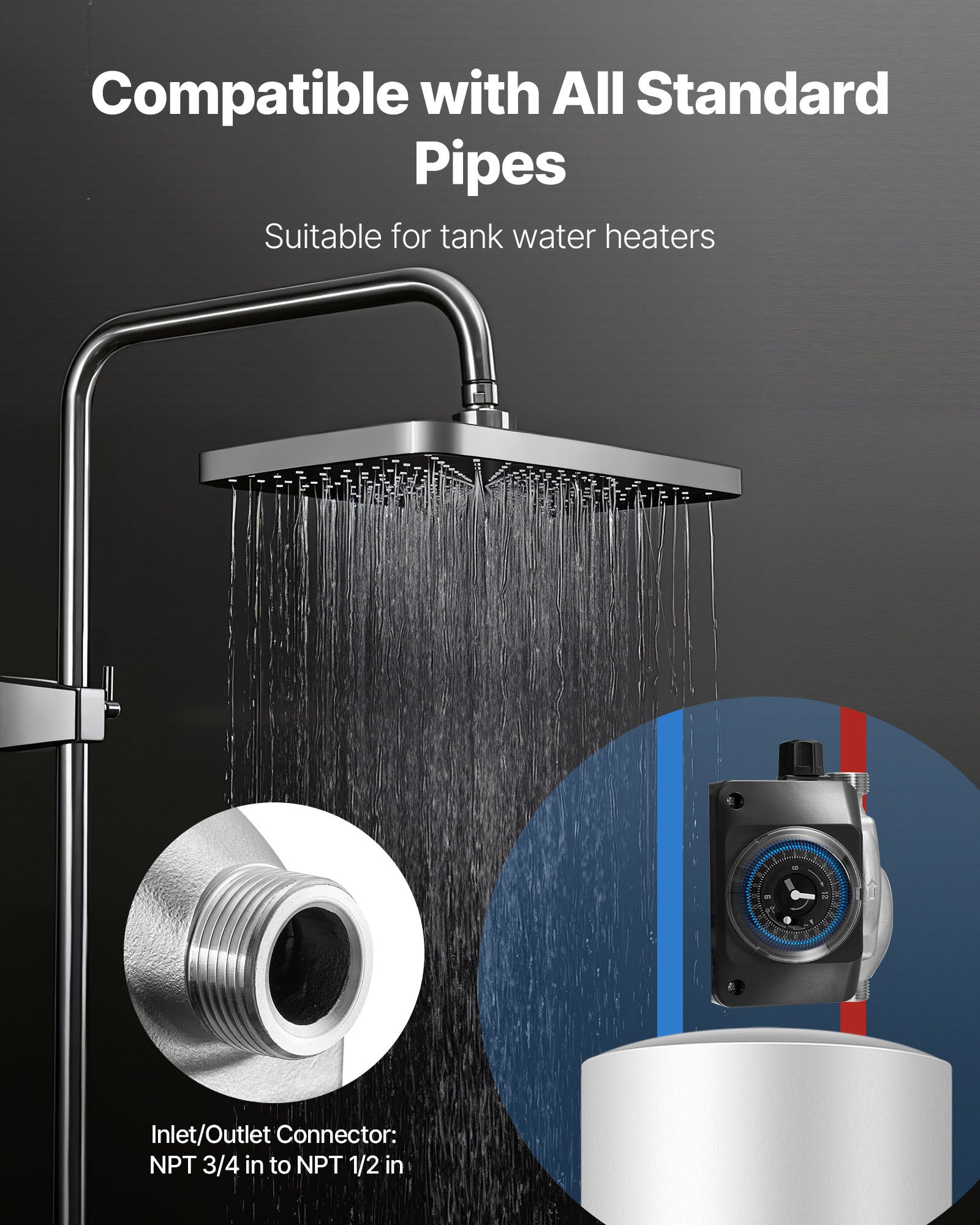 Bomba de recirculación de agua caliente VEVOR con válvula de derivación, kit de bomba de recirculación instantánea con temporizador, adaptador, sistema de circulación, cabezal de acero inoxidable, 0,13 HP, 110-120 V, para calentadores de agua de tanque.