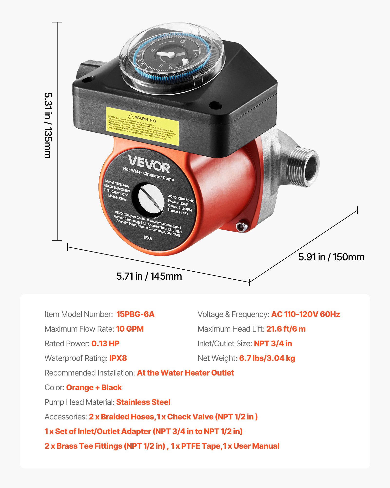 Bomba de recirculación de agua caliente VEVOR con válvula de derivación, kit de bomba de recirculación instantánea con temporizador, adaptador, sistema de circulación, cabezal de acero inoxidable, 0,13 HP, 110-120 V, para calentadores de agua de tanque.