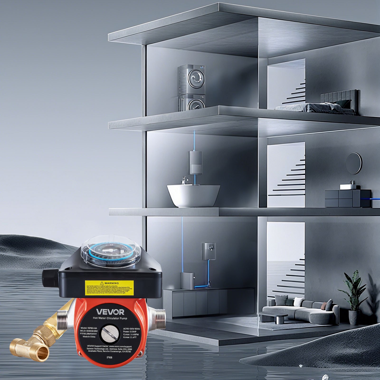 Bomba de recirculación de agua caliente VEVOR con válvula de derivación, kit de bomba de recirculación instantánea con temporizador, adaptador, sistema de circulación, cabezal de acero inoxidable, 0,13 HP, 110-120 V, para calentadores de agua de tanque.