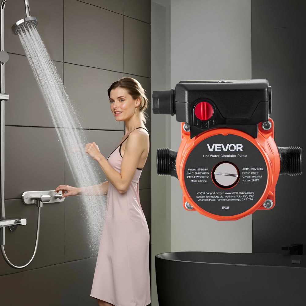 Bomba de recirculación de agua caliente VEVOR, 10 GPM, sistema de circulación instantánea, control de 3 velocidades, 0,13 HP, 110-120 V, adaptador NPT de 3/4" a NPT de 1/2", cabezal de hierro fundido, para sistema de calentador de agua