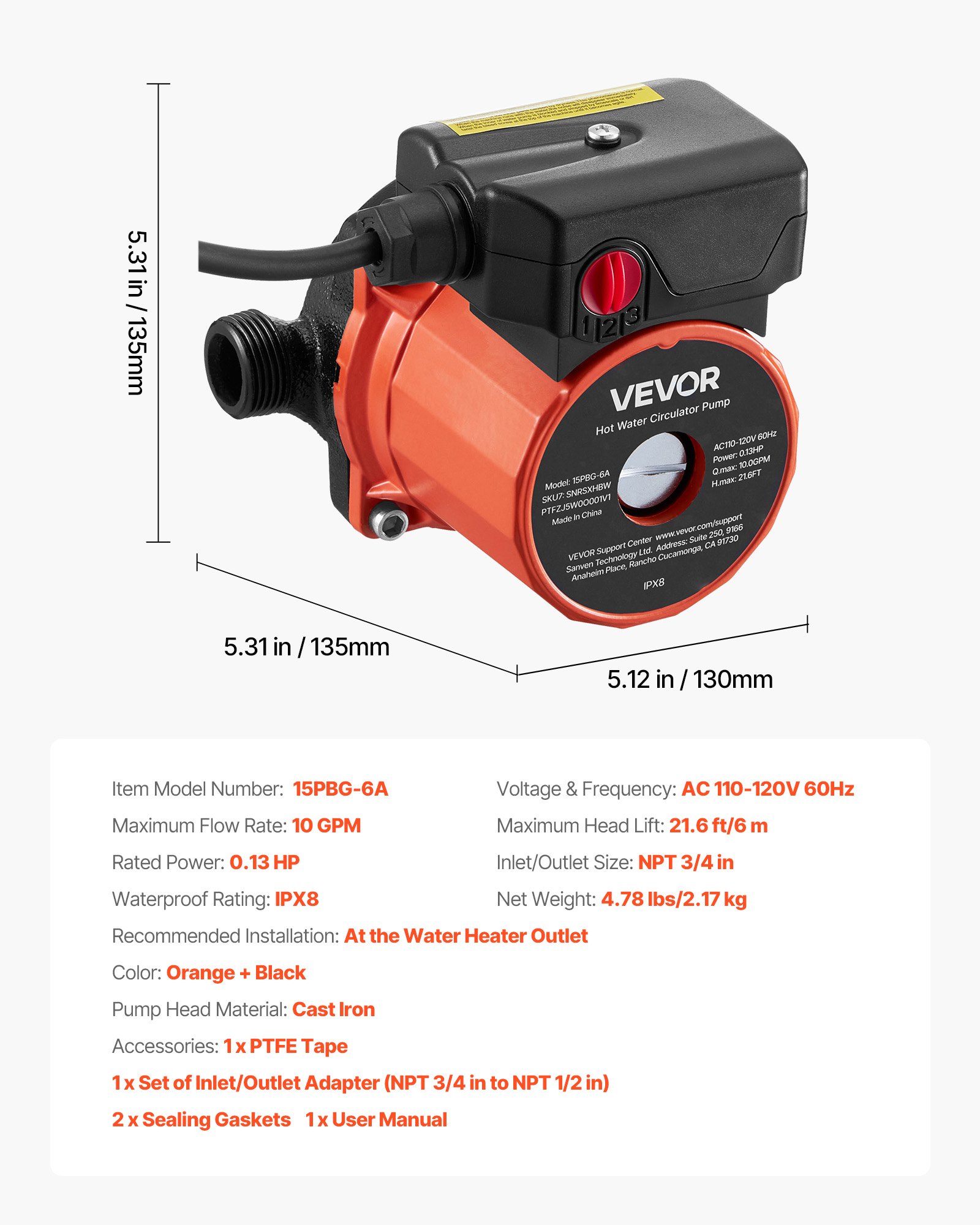 Bomba de recirculación de agua caliente VEVOR, 10 GPM, sistema de circulación instantánea, control de 3 velocidades, 0,13 HP, 110-120 V, adaptador NPT de 3/4" a NPT de 1/2", cabezal de hierro fundido, para sistema de calentador de agua