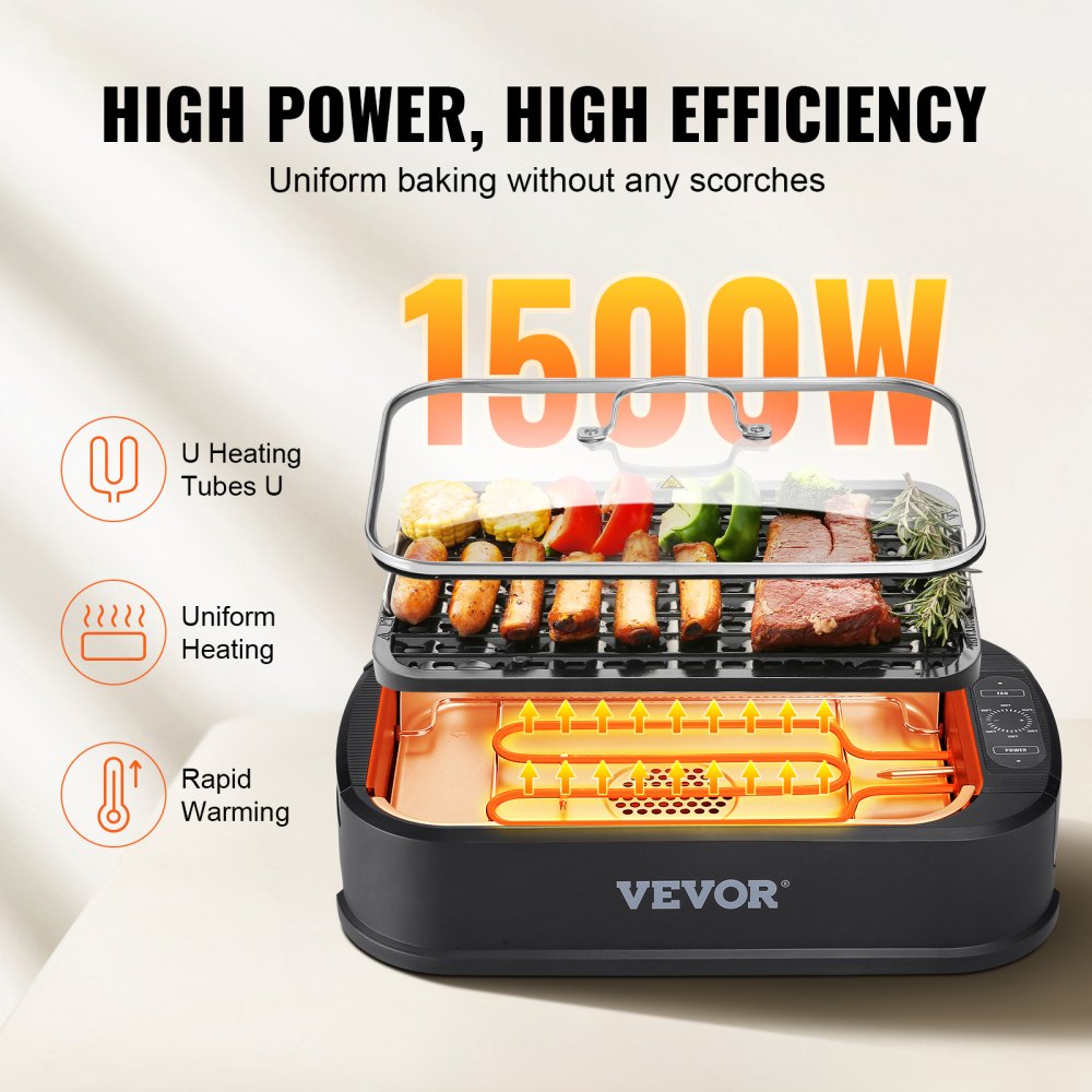 VEVOR Parrilla eléctrica de interior sin humo de 110 pulgadas cuadradas y 1500 W con superficie antiadherente, temperatura ajustable, extractor de humo turbo, parrilla desmontable apta para lavavajillas, sin humo, para fiestas y camping.