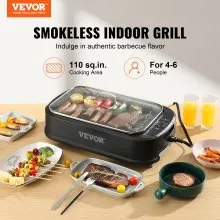 Parrilla interior sin humo VEVOR, parrilla eléctrica para barbacoa de 110 pulgadas cuadradas y 1500 W con superficie antiadherente, temperatura ajustable, extractor de humo turbo, parrilla desmontable apta para lavavajillas sin humo para acampar en fiestas