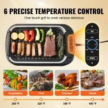 Parrilla interior sin humo VEVOR, parrilla eléctrica para barbacoa de 110 pulgadas cuadradas y 1500 W con superficie antiadherente, temperatura ajustable, extractor de humo turbo, parrilla desmontable apta para lavavajillas sin humo para acampar en fiestas