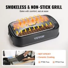Parrilla interior sin humo VEVOR, parrilla eléctrica para barbacoa de 110 pulgadas cuadradas y 1500 W con superficie antiadherente, temperatura ajustable, extractor de humo turbo, parrilla desmontable apta para lavavajillas sin humo para acampar en fiestas