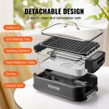 Parrilla interior sin humo VEVOR, parrilla eléctrica para barbacoa de 110 pulgadas cuadradas y 1500 W con superficie antiadherente, temperatura ajustable, extractor de humo turbo, parrilla desmontable apta para lavavajillas sin humo para acampar en fiestas