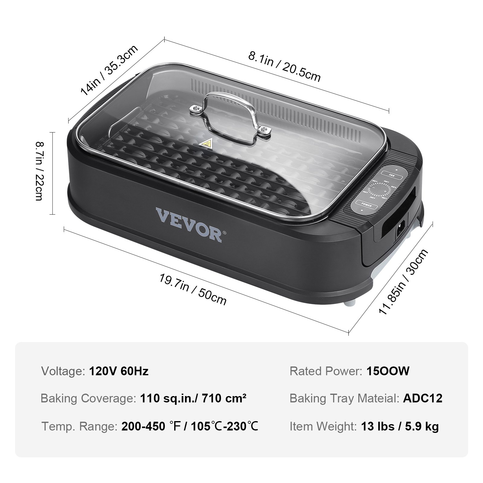 VEVOR Parrilla eléctrica de interior sin humo de 110 pulgadas cuadradas y 1500 W con superficie antiadherente, temperatura ajustable, extractor de humo turbo, parrilla desmontable apta para lavavajillas, sin humo, para fiestas y camping.