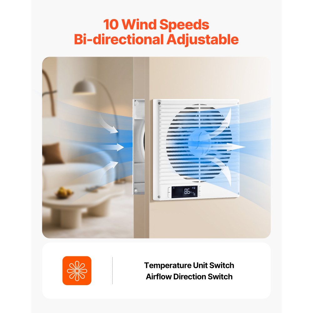 Ventilador de pared VEVOR de 7.5 pulgadas, 2 en 1, 305 CFM, con control remoto y flujo de aire bidireccional, 10 velocidades de ventilación, silencioso, para cocina, sala de estar, lavandería y taller.