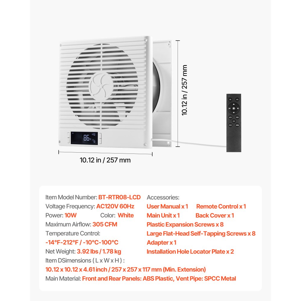 Ventilador de pared VEVOR de 7.5 pulgadas, 2 en 1, 305 CFM, con control remoto y flujo de aire bidireccional, 10 velocidades de ventilación, silencioso, para cocina, sala de estar, lavandería y taller.