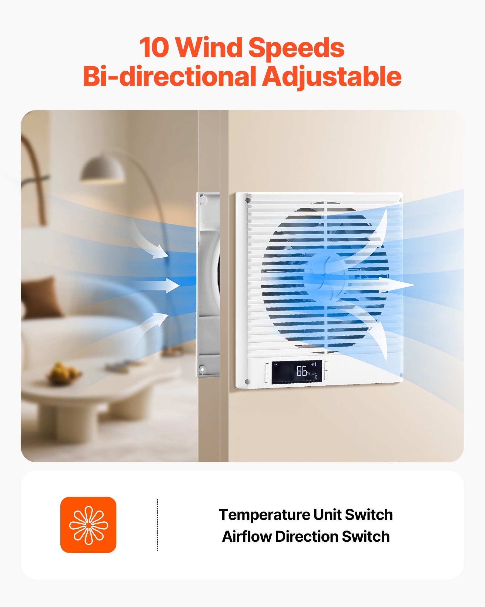 Ventilador de pared VEVOR de 7.5 pulgadas, 2 en 1, 305 CFM, con control remoto y flujo de aire bidireccional, 10 velocidades de ventilación, silencioso, para cocina, sala de estar, lavandería y taller.