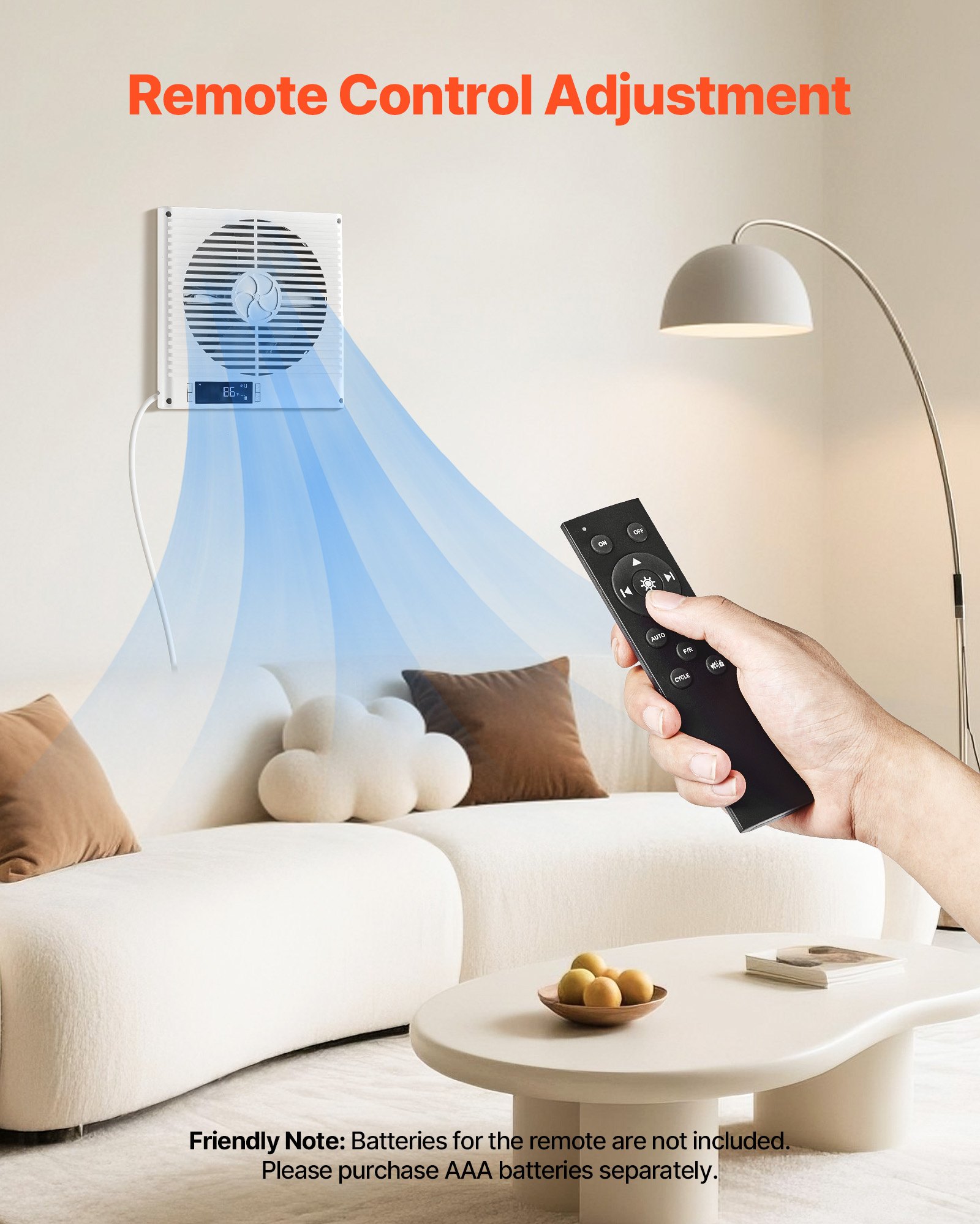 Ventilador de pared VEVOR de 7.5 pulgadas, 2 en 1, 305 CFM, con control remoto y flujo de aire bidireccional, 10 velocidades de ventilación, silencioso, para cocina, sala de estar, lavandería y taller.