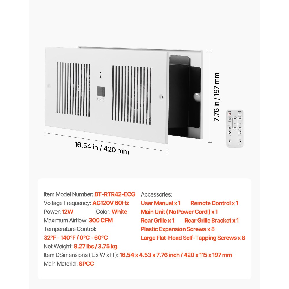 Ventilador de pared VEVOR de 4 pulgadas, 2 en 1, 300 CFM, con control remoto y control de temperatura, 10 velocidades de ventilación silenciosa para cocina, sala de estar, lavandería y taller.
