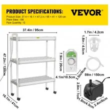 Tuspuzz Sistema de cultivo hidropónico vevor, 108 lugares, 12 tuberías de PVC - u de grado alimenticio, kit de cultivo interior de 3 plantas, con bomba de agua, cronómetro, cesta de nido, esponja