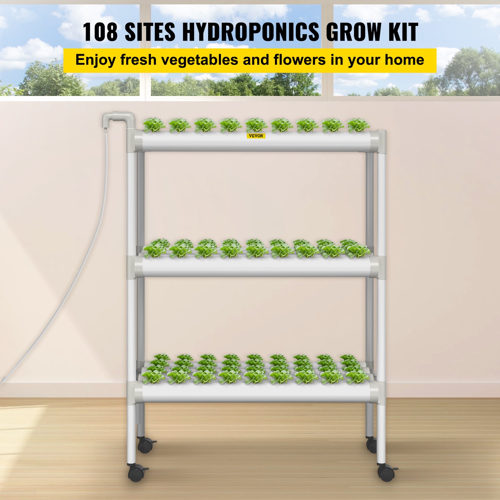 Tuspuzz Sistema de cultivo hidropónico vevor, 108 lugares, 12 tuberías de PVC - u de grado alimenticio, kit de cultivo interior de 3 plantas, con bomba de agua, cronómetro, cesta de nido, esponja