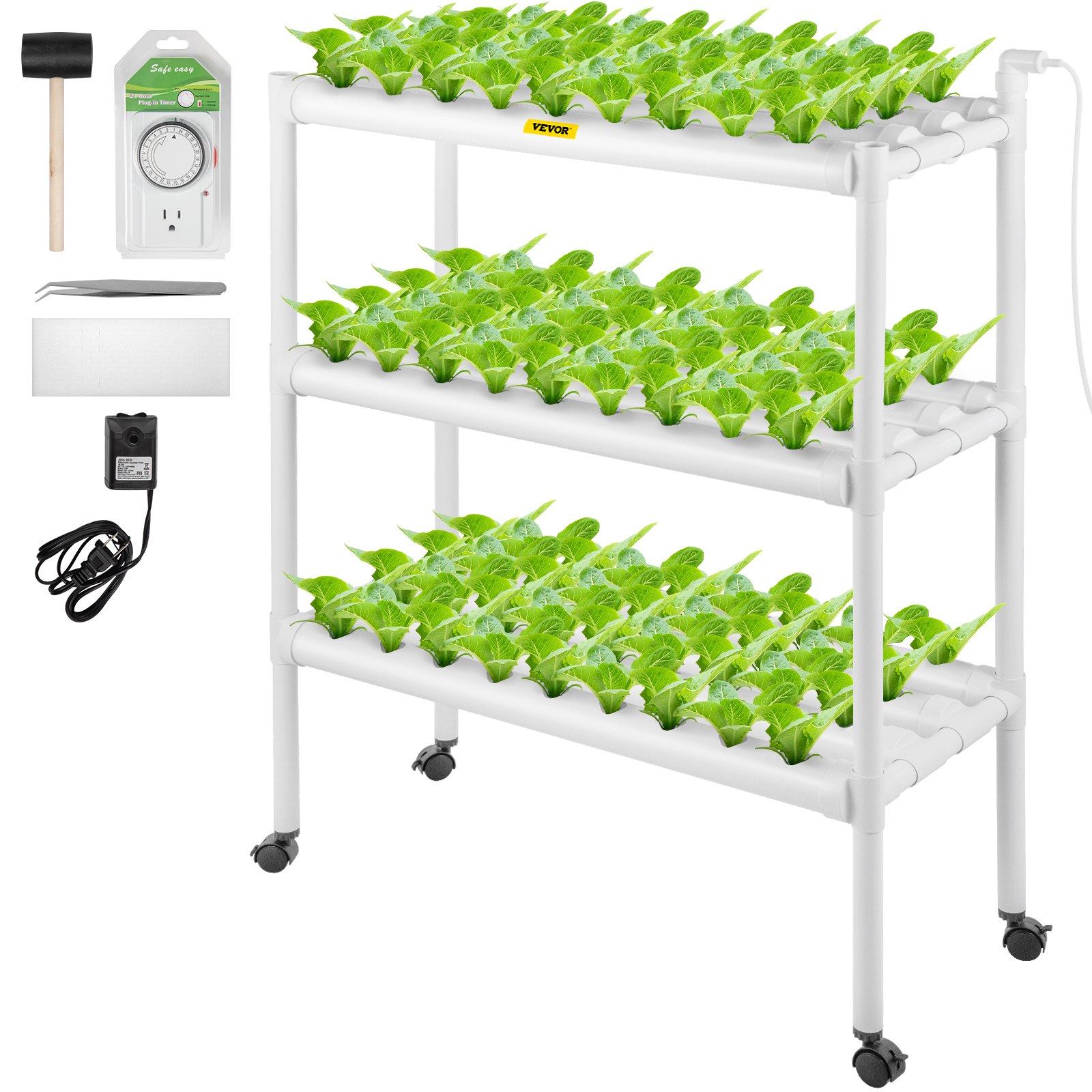 Tuspuzz Sistema de cultivo hidropónico vevor, 108 lugares, 12 tuberías de PVC - u de grado alimenticio, kit de cultivo interior de 3 plantas, con bomba de agua, cronómetro, cesta de nido, esponja