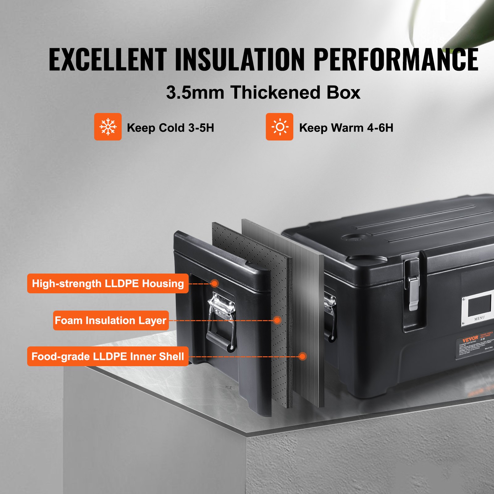 VEVOR Transportador de alimentos aislado, capacidad de 36 cuartos, caja caliente apilable para catering con 3 sartenes de acero inoxidable, calentador de alimentos LLDPE de carga superior con asas lat