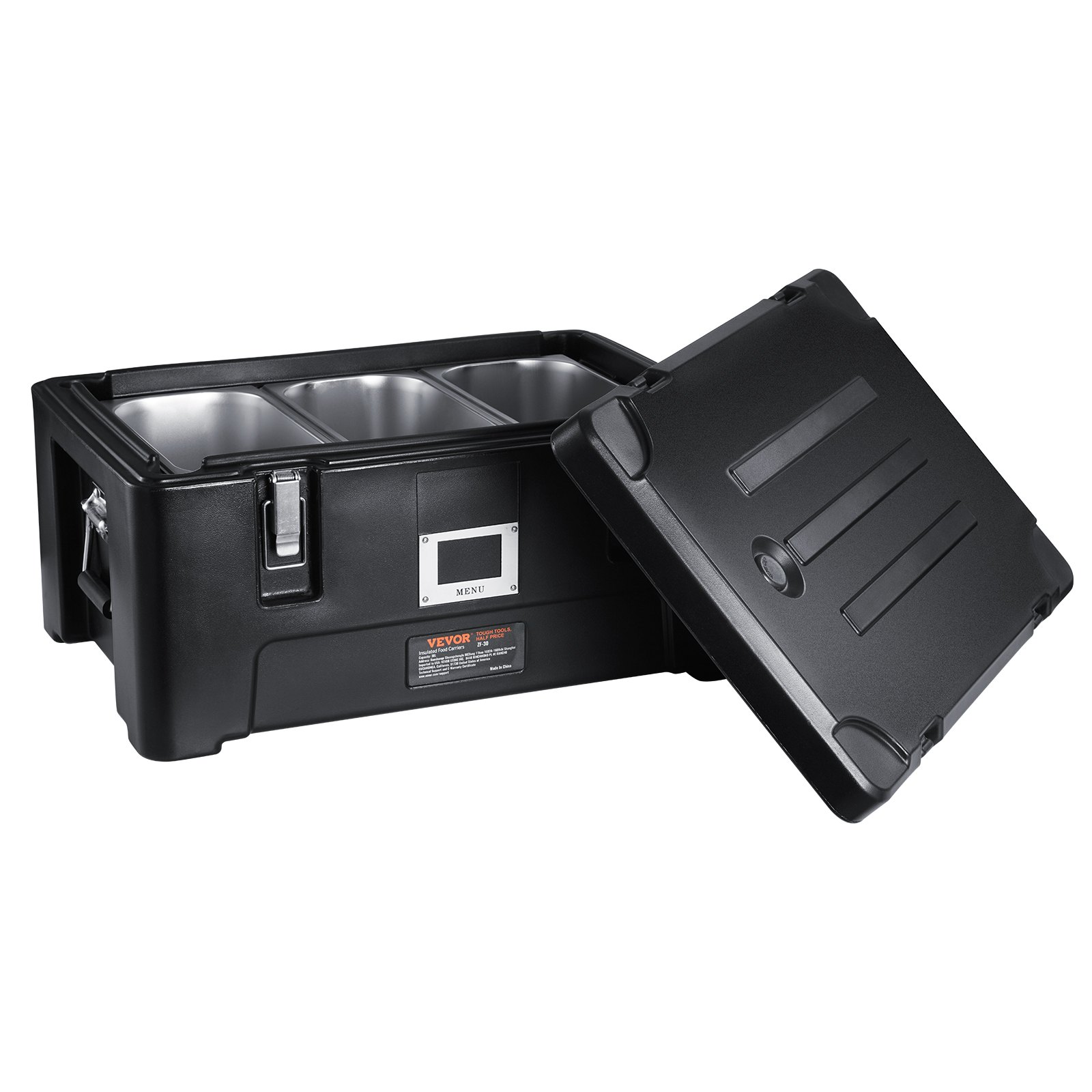 VEVOR Transportador de alimentos aislado, capacidad de 36 cuartos, caja caliente apilable para catering con 3 sartenes de acero inoxidable, calentador de alimentos LLDPE de carga superior con asas lat