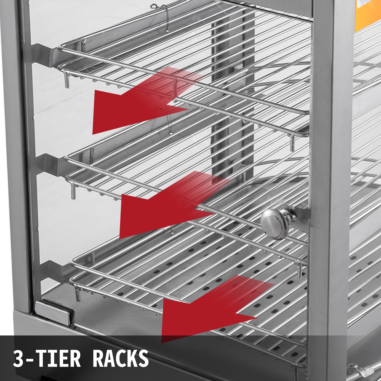 VEVOR - Calentador de alimentos comercial de 110 V, 14 pulgadas, 3 niveles, 800 W, calentador eléctrico de alimentos, 86 a 185 °F, puerta de vidrio templado, vitrina de repostería con 2 bandejas y 1 pinza de pan para restaurante, hamburguesa, pizza