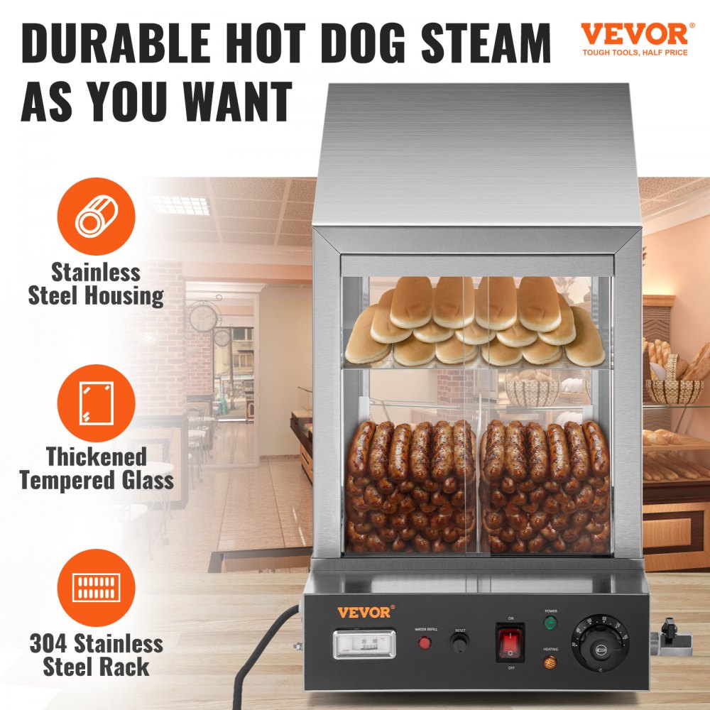 VEVOR Máquina para Perritos Calientes, 36 L, Vaporera para Perritos Calientes de 2 Niveles para 200 Perritos Calientes y 42 Bollos, Cocina Eléctrica para Calentar Bollos de 1200W con Perilla Giratoria