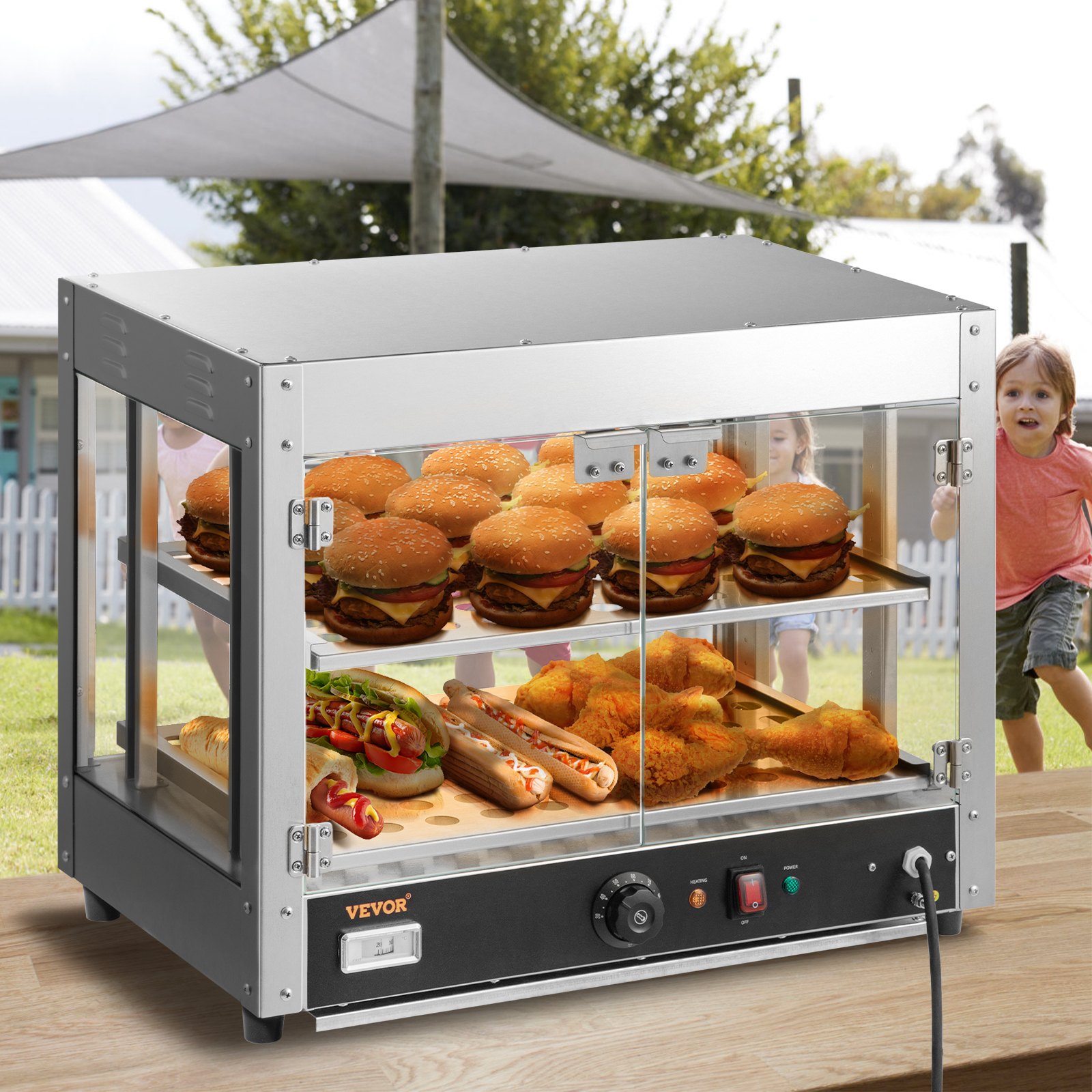 VEVOR - Gabinete de pizza para encimera con calentador de alimentos comercial de 2 niveles con bandeja de agua