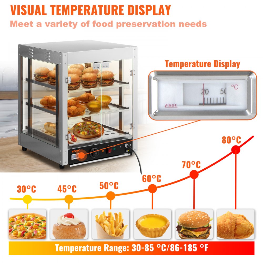 VEVOR Calentador de alimentos comercial, 3 niveles, calentador de pizza de 800 W con calefacción 3D, ventilador inferior con iluminación de 3 colores, calentador de repostería para encimera con perilla de temperatura y pantalla, bandeja de agua de 0,6 L, marco de acero inoxidable D
