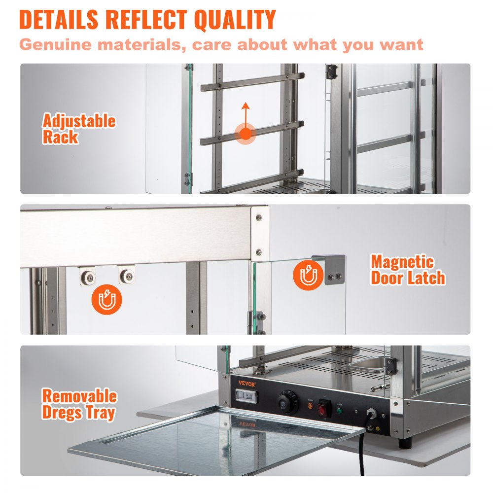 VEVOR Calentador de alimentos comercial, 3 niveles, calentador de pizza de 800 W con calefacción 3D, ventilador inferior con iluminación de 3 colores, calentador de repostería para encimera con perilla de temperatura y pantalla, bandeja de agua de 0,6 L, marco de acero inoxidable D