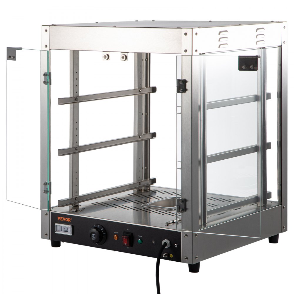 VEVOR Calentador de alimentos comercial, 3 niveles, calentador de pizza de 800 W con calefacción 3D, ventilador inferior con iluminación de 3 colores, calentador de repostería para encimera con perilla de temperatura y pantalla, bandeja de agua de 0,6 L, marco de acero inoxidable D