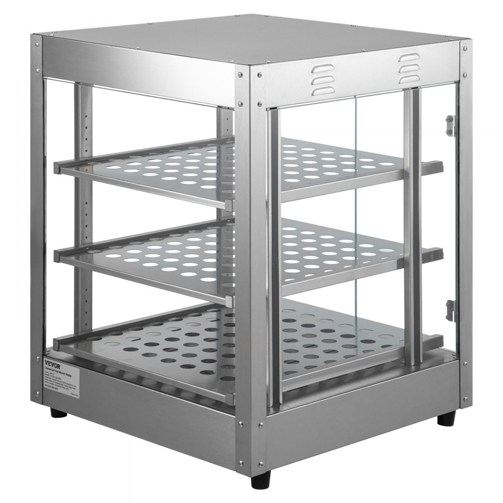 VEVOR Calentador de alimentos comercial, 3 niveles, calentador de pizza de 800 W con calefacción 3D, ventilador inferior con iluminación de 3 colores, calentador de repostería para encimera con perilla de temperatura y pantalla, bandeja de agua de 0,6 L, marco de acero inoxidable D