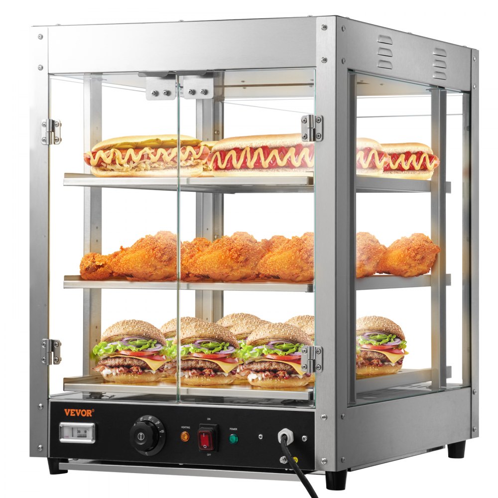 VEVOR Calentador de alimentos comercial, 3 niveles, calentador de pizza de 800 W con calefacción 3D, ventilador inferior con iluminación de 3 colores, calentador de repostería para encimera con perilla de temperatura y pantalla, bandeja de agua de 0,6 L, marco de acero inoxidable D