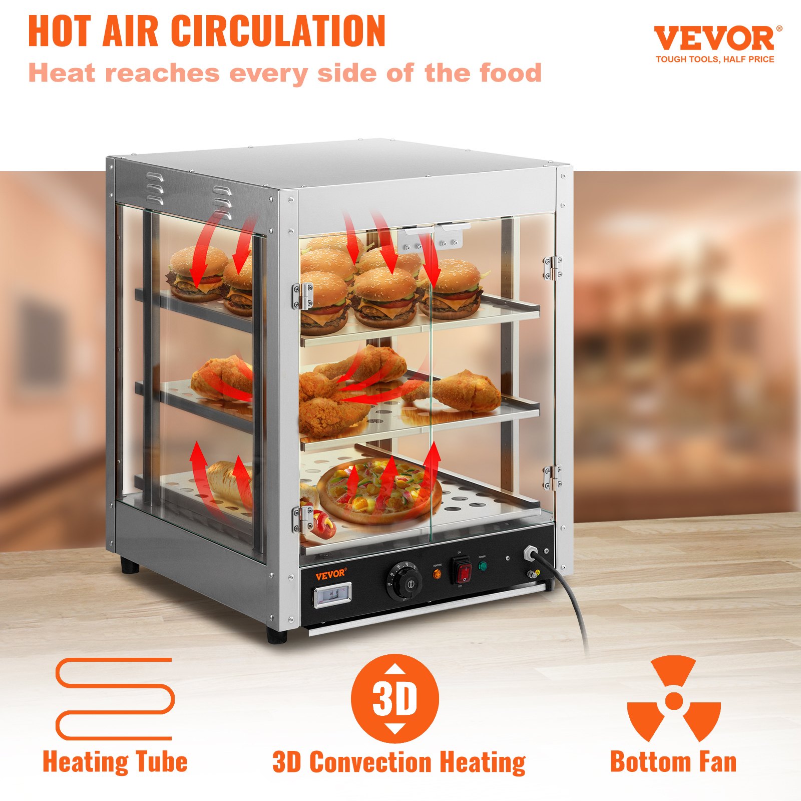 VEVOR Calentador de alimentos comercial, 3 niveles, calentador de pizza de 800 W con calefacción 3D, ventilador inferior con iluminación de 3 colores, calentador de repostería para encimera con perilla de temperatura y pantalla, bandeja de agua de 0,6 L, marco de acero inoxidable D