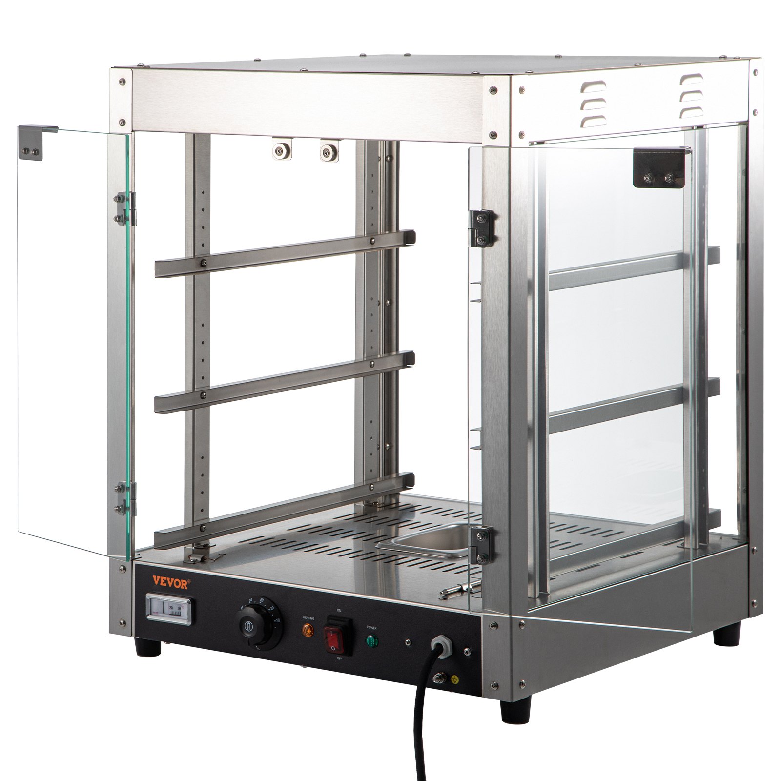 VEVOR Calentador de alimentos comercial, 3 niveles, calentador de pizza de 800 W con calefacción 3D, ventilador inferior con iluminación de 3 colores, calentador de repostería para encimera con perilla de temperatura y pantalla, bandeja de agua de 0,6 L, marco de acero inoxidable D