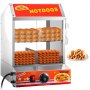 Vaporera para hot dogs VEVOR con hot dogs y panecillos en su interior, plato pequeño para hot dogs al lado.