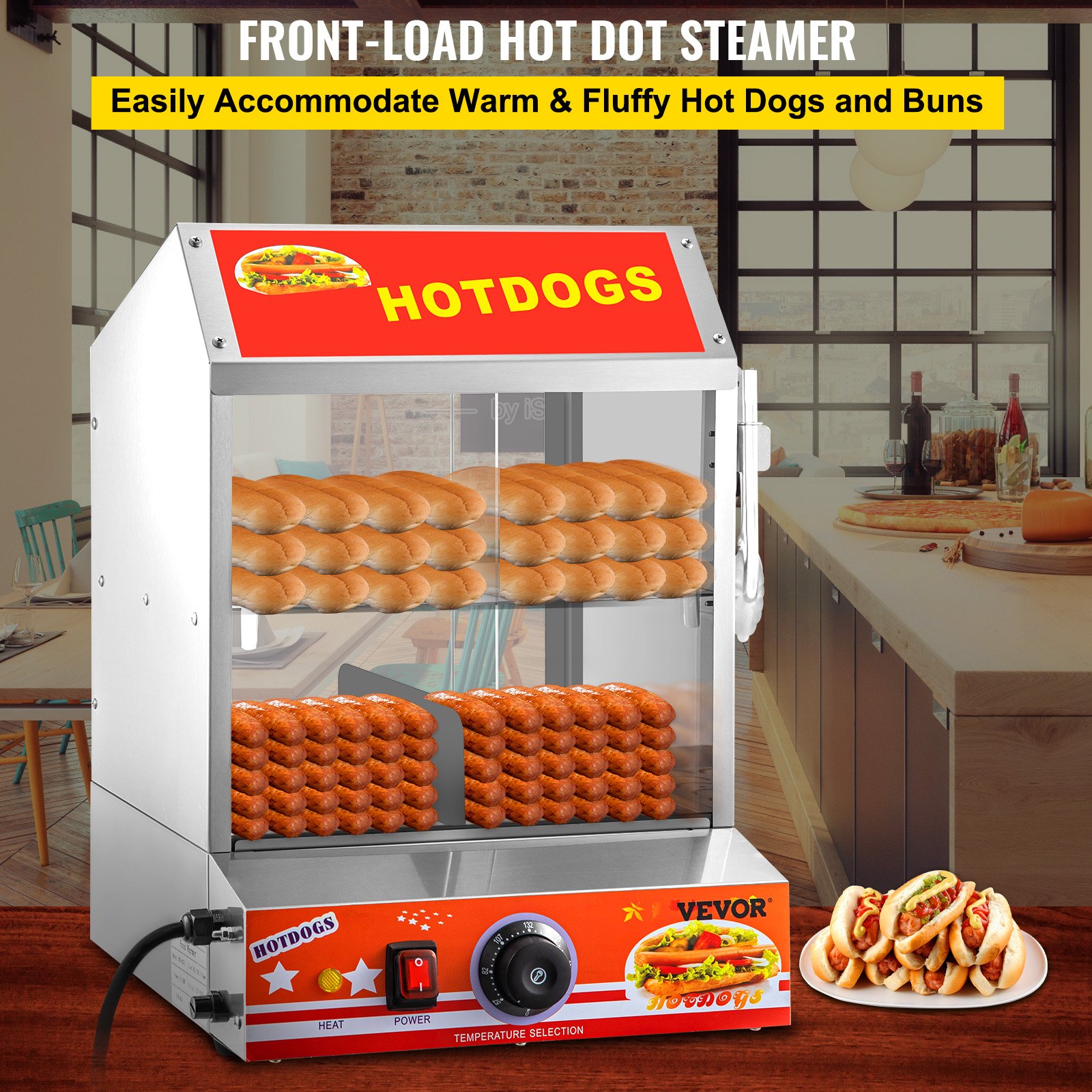Vaporera para hot dogs VEVOR en una cocina, preparando hot dogs y panecillos al vapor con una señalización vibrante.