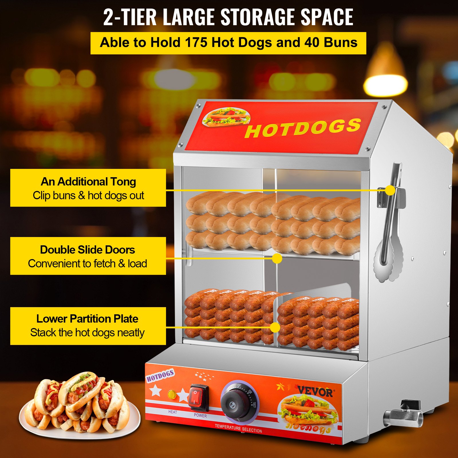 El vaporizador para hot dogs VEVOR con almacenamiento de 2 niveles tiene capacidad para hasta 175 hot dogs y 40 panecillos.