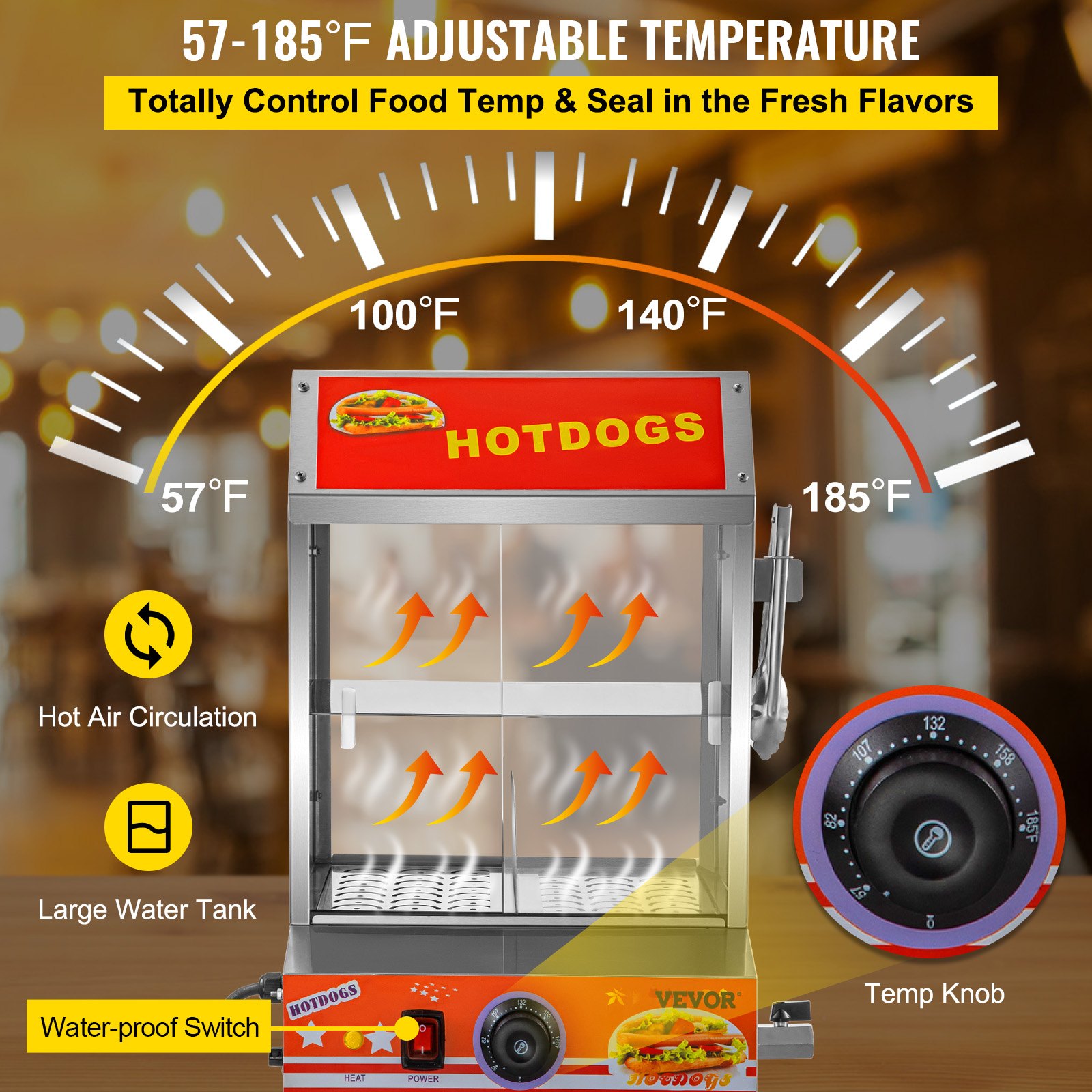 Vaporera para hot dogs VEVOR con temperatura ajustable, circulación de aire caliente y gran tanque de agua.
