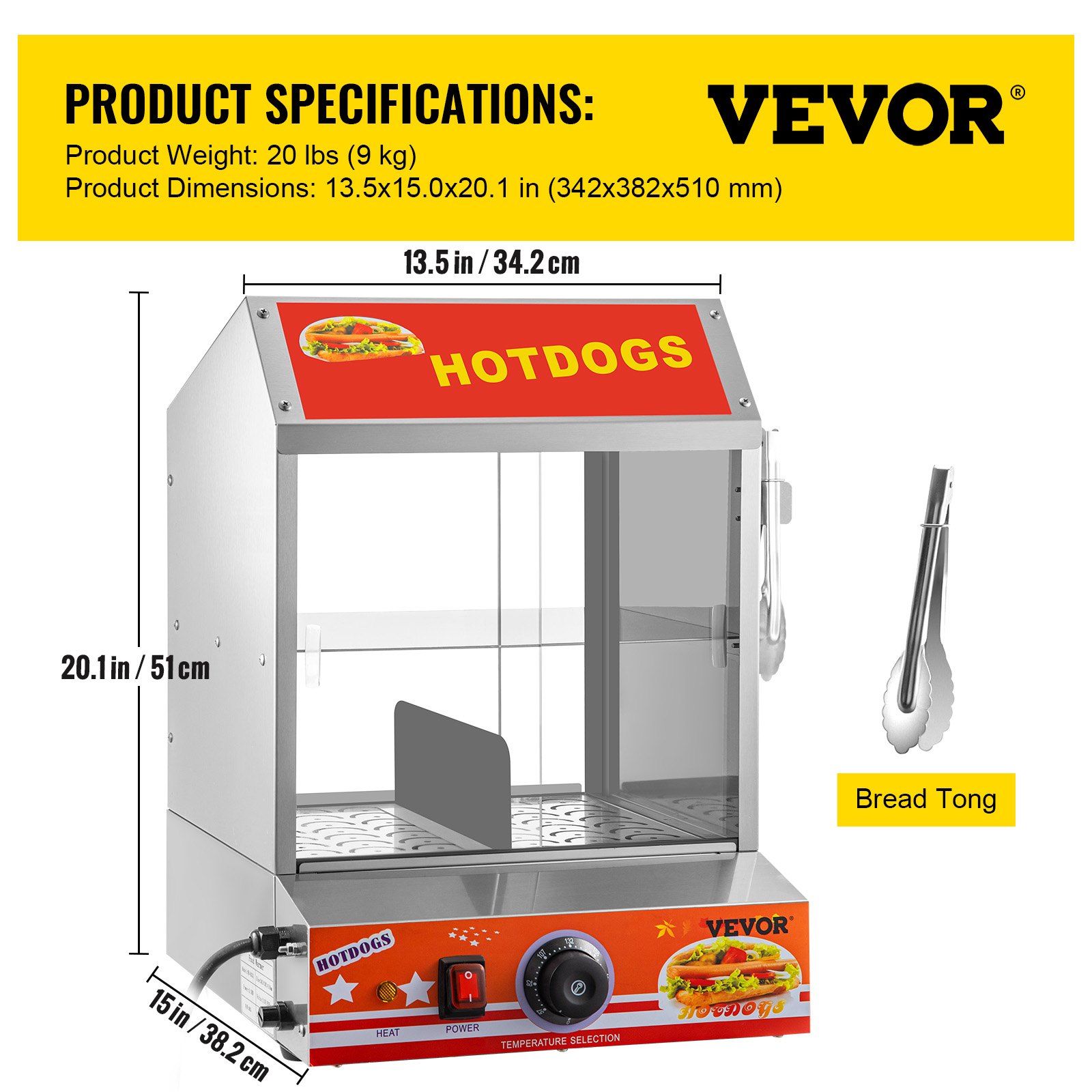 Vaporera para hot dogs VEVOR con pinzas para pan y dimensiones del producto en pulgadas y centímetros.