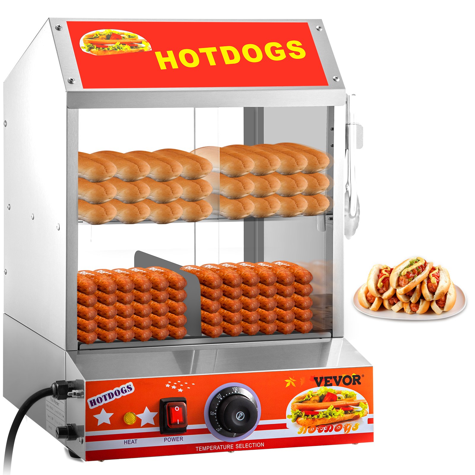 Vaporera para hot dogs VEVOR con hot dogs y panecillos en su interior, plato pequeño para hot dogs al lado.