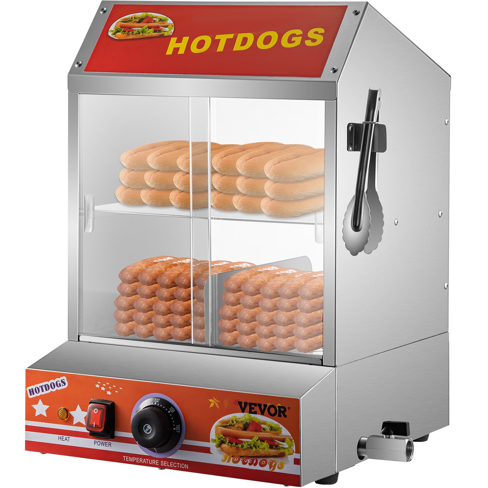 Vaporera para hot dogs VEVOR con panecillos y hot dogs, que muestra perillas de control y pinzas.