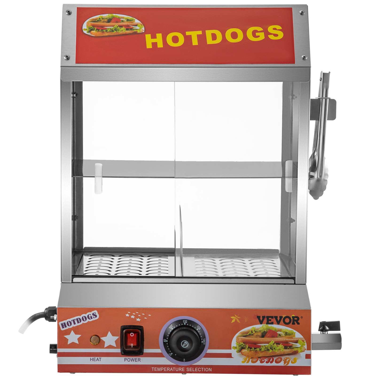 Vaporera para hot dogs VEVOR con control de temperatura y puertas de vidrio transparente.